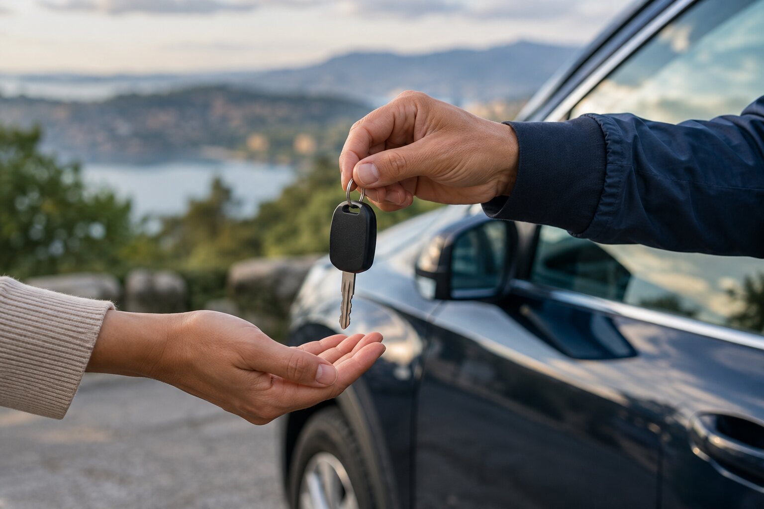A car key being handed over outdoors